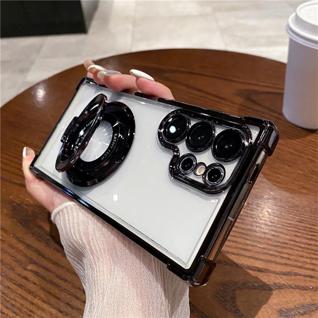 For Samsung S25 S24 S23 Ultra Luxury Holder Stand Plating Frame Transparent Phone Case For Samsung Galaxy S22 Plus A16 A53 Cover