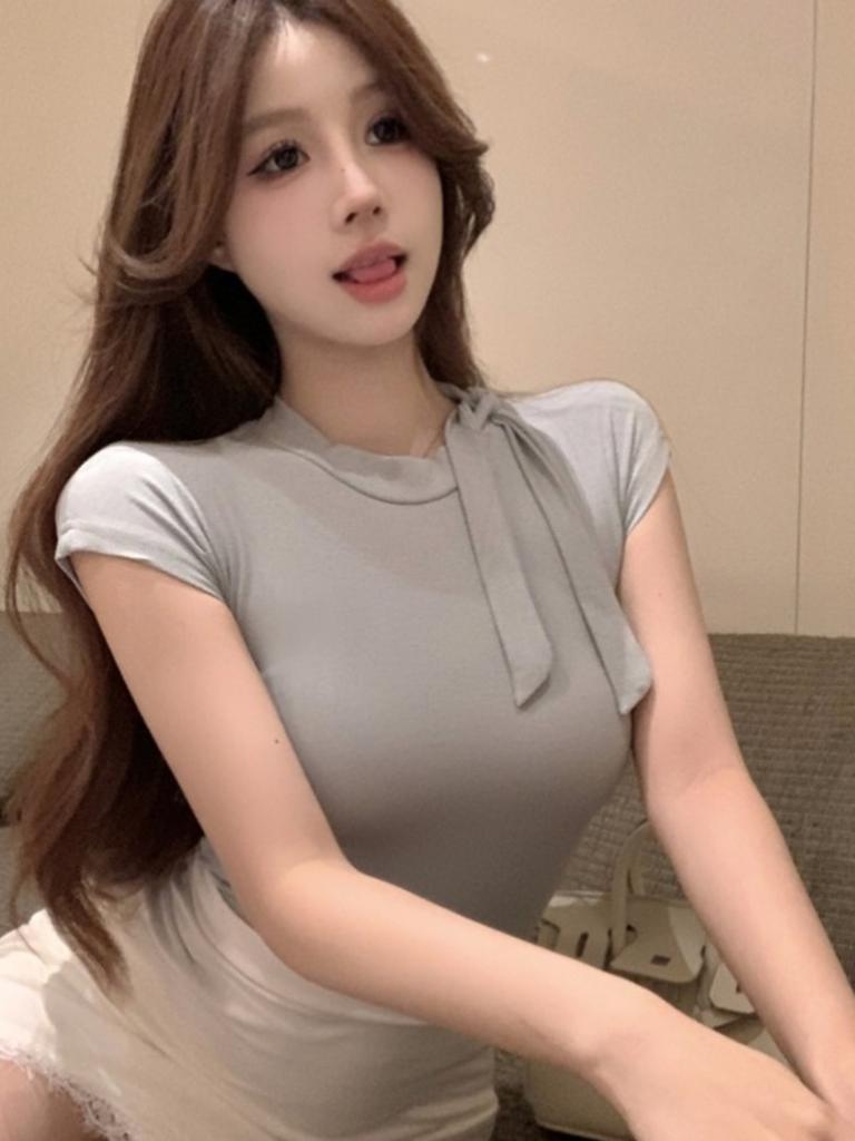 Scarf Collar Short-sleeved T-shirt Summer Women's Clothing Sexy Pure Desire Spice Girl Temperament Women's Taste Chest Slim Short Top