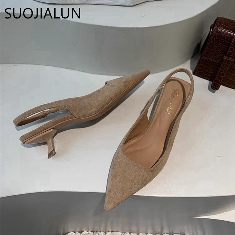 Fashion SUOJIALUN 2024 Autumn Women Sandal Shoes Fashion Pointed Toe Shallow Slip On Slingback Sandal Thin Med Heel Ladies Elegant Pumps