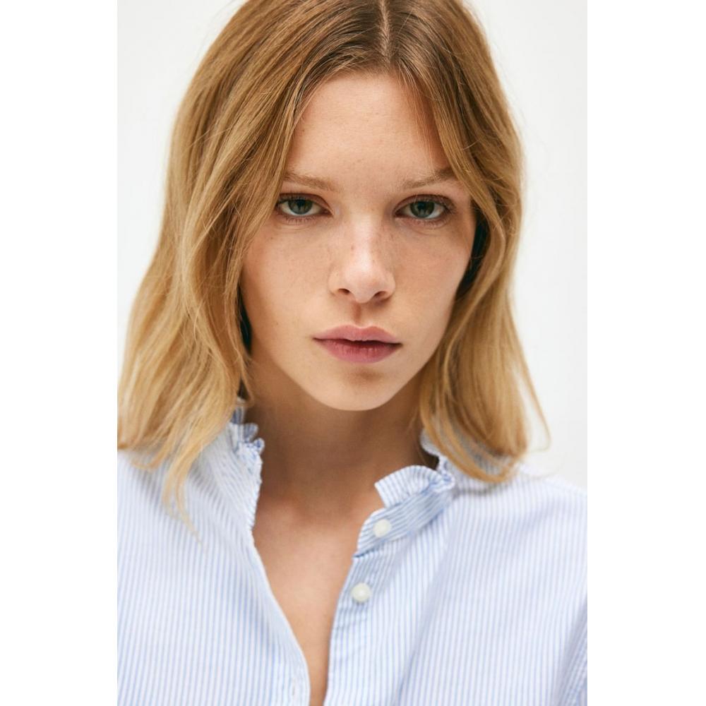 

H M Frill Trim Oxford Blouse Light Blue Stripe