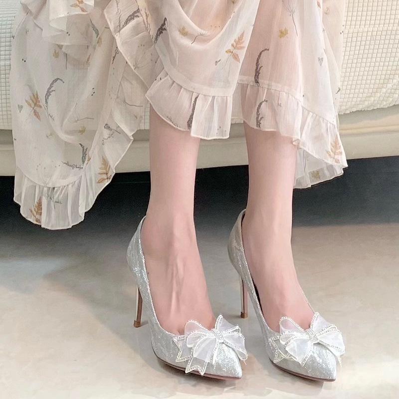 

French crystal shoes 2025 silver wedding shoes rhinestone bow pointed high heels women s stiletto shoes crystal elements 40
