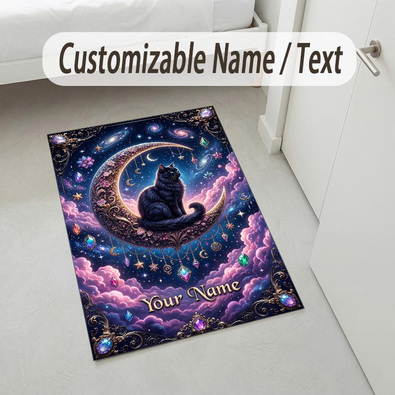 Celestial Cat Theme Soft Crystal Velvet Rug Custom Name & Text Print Non Slip Floor Rug for Bedroom Living Room