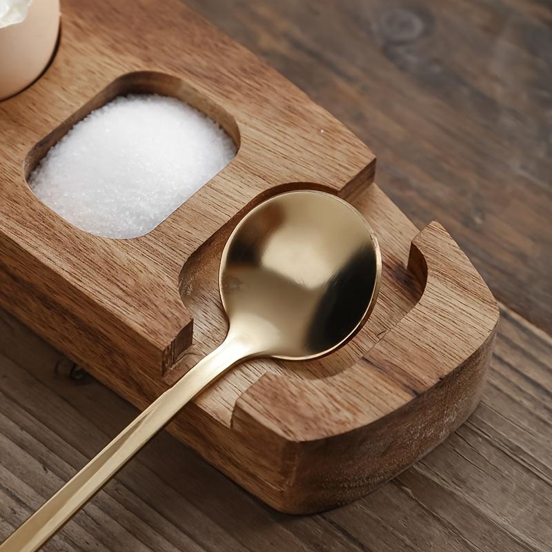 Eierablage aus Akazienholz mit goldenem Löffel, tragbare Eieraufbewahrungsablage, Organizer-Ständer, Punschbecherhalter für Haushaltsküchengerät