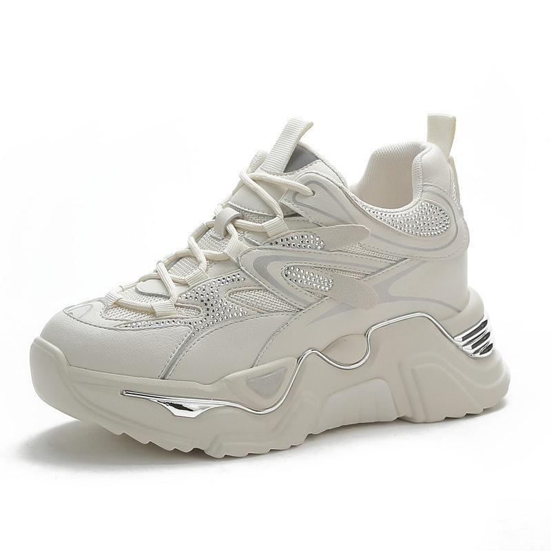Inner Heightening Women's Shoes Lace-up Rhinestone Casual Shoes Platform Sneakers Single Shoes Autumn and Winter New Dad Shoes