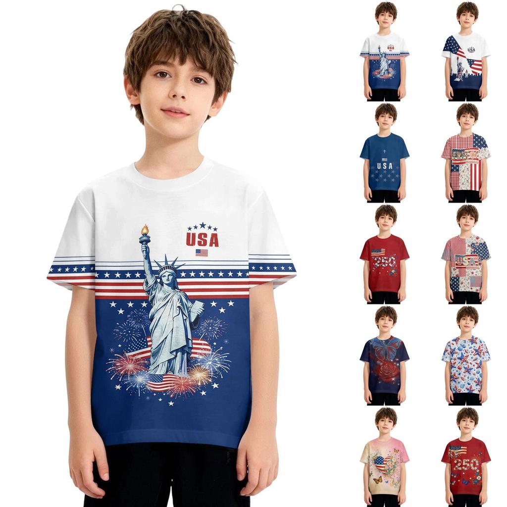 Kids Independence Day Print Round Neck Short Sleeve Casual T-shirt