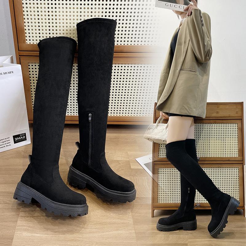 

Эластичные тонкие ботфорты женские осенне-зимние новые толстый каблук толстая подошва высокие рыцарские сапоги женские замшевые 40 чёрный