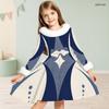 Girls Cream Printed Dress Furry Collar Long Sleeve Bow Waist A Line Flared Hem
