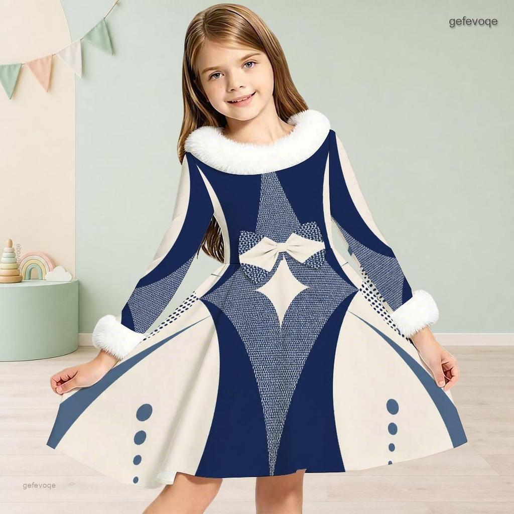 Girls Cream Printed Dress Furry Collar Long Sleeve Bow Waist A Line Flared Hem