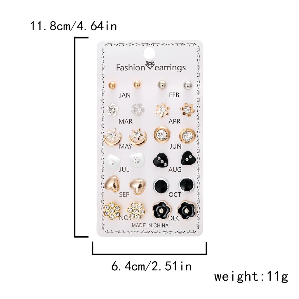 12Pairs Combination Earrings Set for Women Flower Heart Star Moon Sun Small Rhinestone Stud Earring Girl Party Jewelry Gift