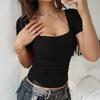 Sommer Neues Damen Oberteil Lässig Sexy Schlank Einfarbige Spitze U-Ausschnitt T-Shirt
