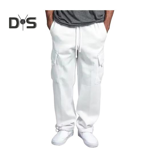 Men Spring Fall Pants with Multi Pockets Drawstring Elastic Waist Wide Leg Plus Size Sweatpants Stretchy Slacks Solid Color Loose Street Style Sport