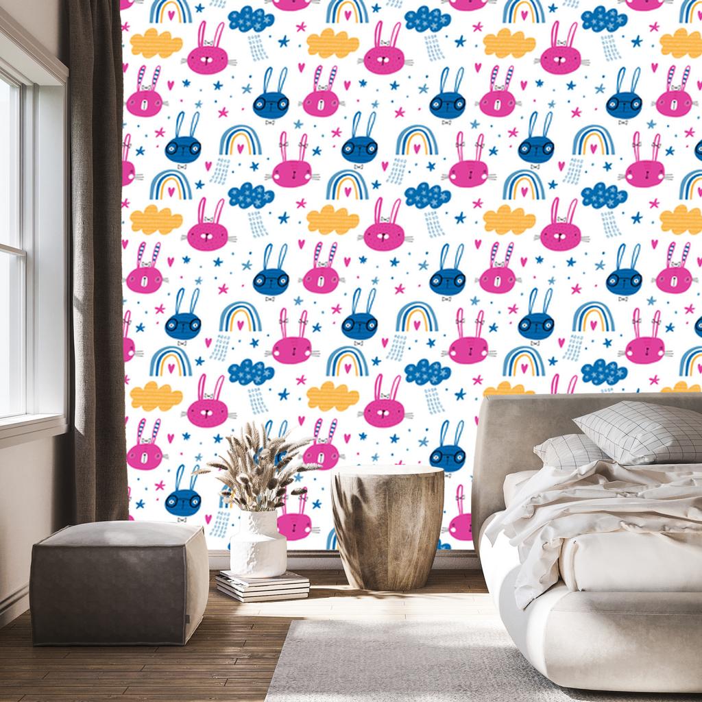 Wallpaper Rabbits with rainbows for living room and bedroom 50x1000
