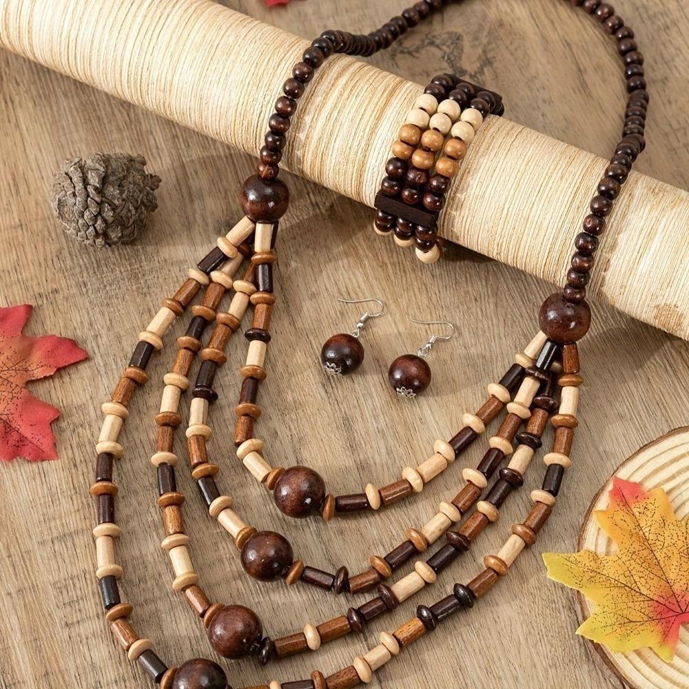 4-teiliges Boho-Halsketten- und Ohrring-Set, mehrlagig, handgefertigt, Set mit Perlenohrringen, Set mit Holzhalsketten, für Damen