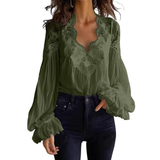Women Shirt V-Neck Pleated Puff Long Sleeve Summer Shirt Embroidery Lace Splicing Loose Fit Shirt Tops Parties Travel Wear