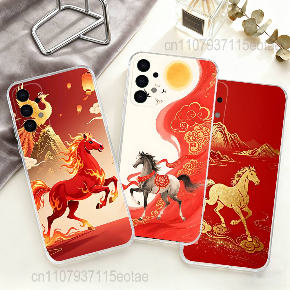 Chinese-Style Red Horse Phone Case For Samsung S24,S25,S30,S23,S21,S22,S20,S10,5G,FE,lite,PIus,Ultra Clear Transparent Cover