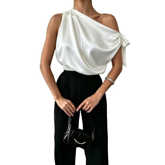 Dames Blouse Schuine Schouder Asymmetrisch Off-Shoulder Strik Blouse Casual Kantoorstijl Losse Pasvorm Satijnen Tops Dagelijkse Kleding