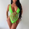 Green Mesh Patchwork Lace-Up One-Piece Swimsuit - Sexy Tight Bandage Style