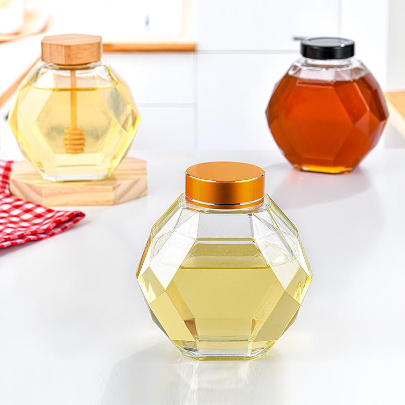 Hexagonal Glass Honey Jar with Wood Lid & Stirrer