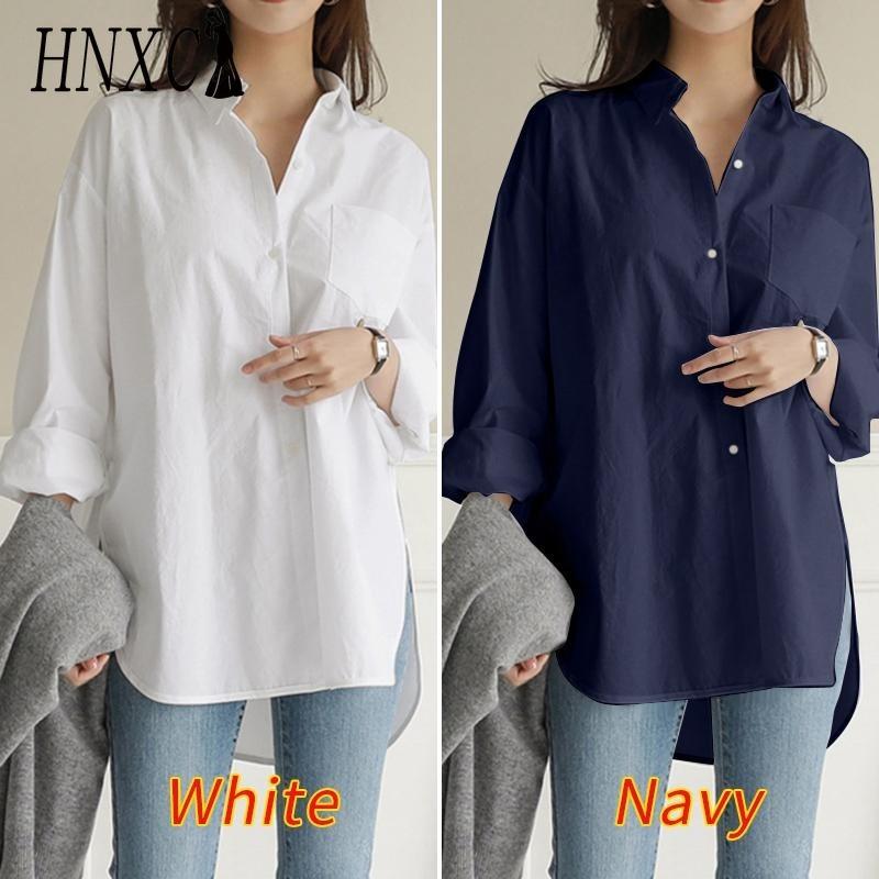 HNXC Damemote Uformelt ensfarget trykk Langermet POLO-hals bluser og skjorter