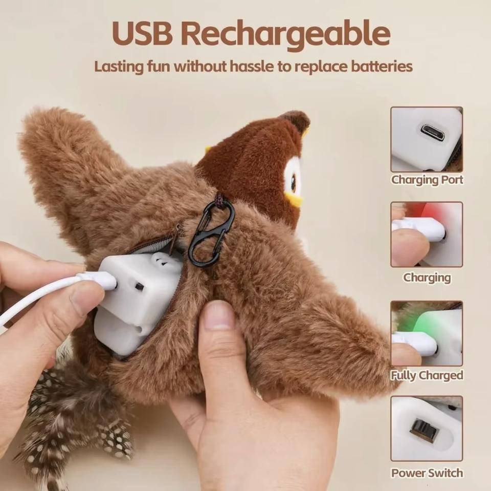 Interactive Cat Toys Electric Pat Bird with Cat Teaser Pole Dog Cats Touch-Activated Squeaky Catnip USB Rechargeable Plush Toy
