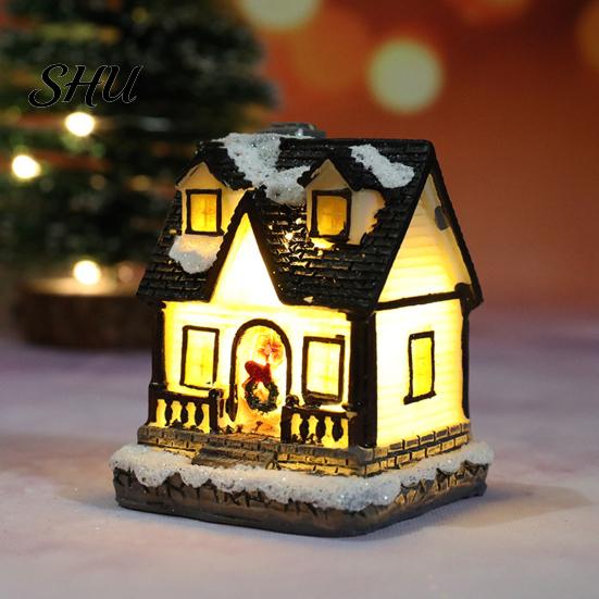 Desktop Christmas House Ornament Glowing Romantic Warm Lighting Resin Craft Small Glow LED Snow Covered Decoration Figurine Statue Party Festival Gift