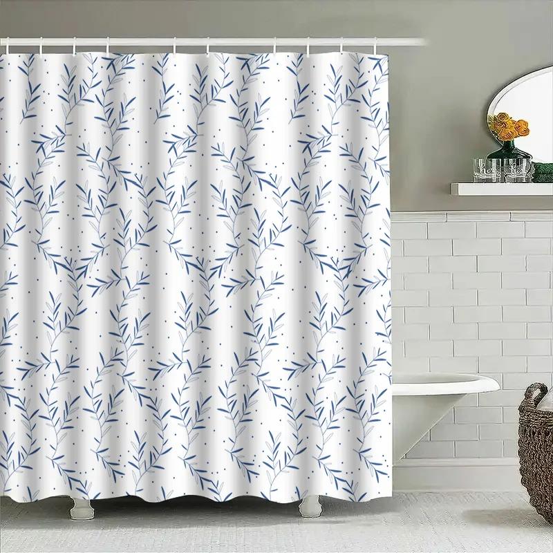 Elegant Blue Leaf Shower Curtain Modern Bath Decor For Bathroom Remodeling Water Resistant Fabric With Hooks (White Navy)