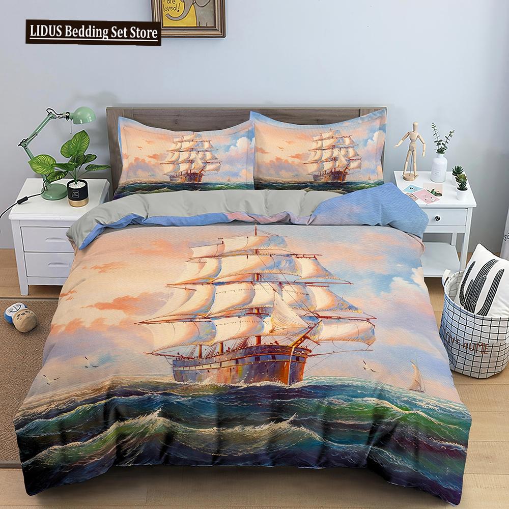 Sailing Ship Pattern Duvet Cover Set 3D Print Boat For Kid Teen Adult Bedding Set Polyester Comforter Cover Full King Twin Size