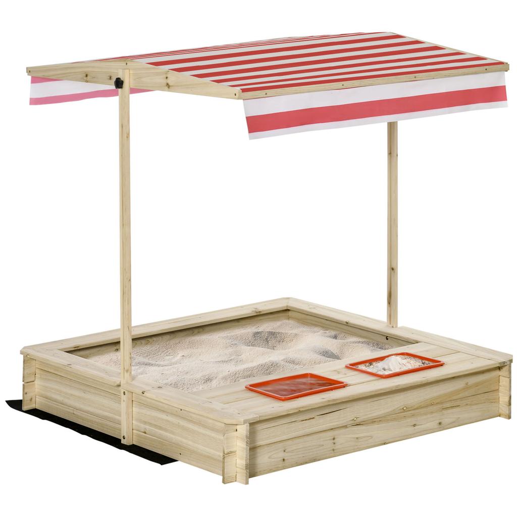 Sabbiera in Legno per Bambini con Coperchio, Set Gioco Sabbiera per Bambini, Giardino Esterno con Tettoia Regolabile, Telo di Fondo, Sedile, Bacinella in Plastica