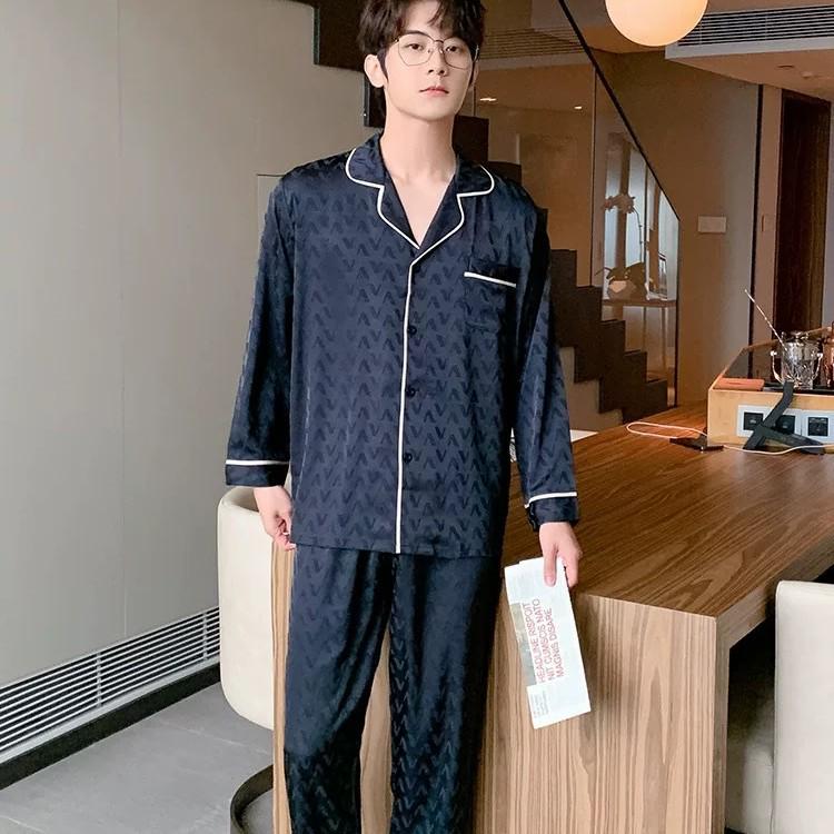 Pánská hedvábná žakárová pyžamová souprava: Jaro/Podzim, Dlouhý rukáv, Lehký, Velká velikost pro vnitřní/venkovní nošení.