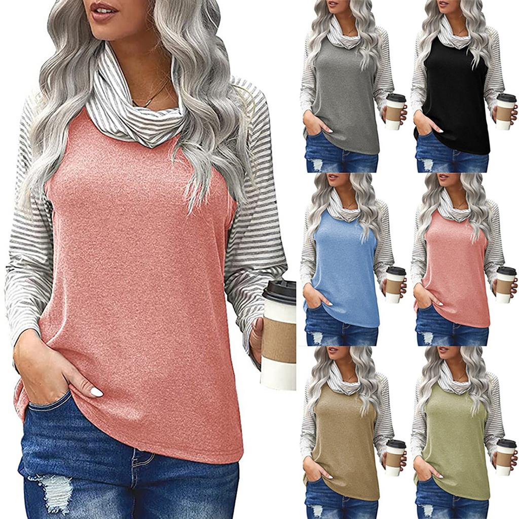Women's Fashion Striped High Neck Color Blocking Women's Long Sleeve T-Shirt Top