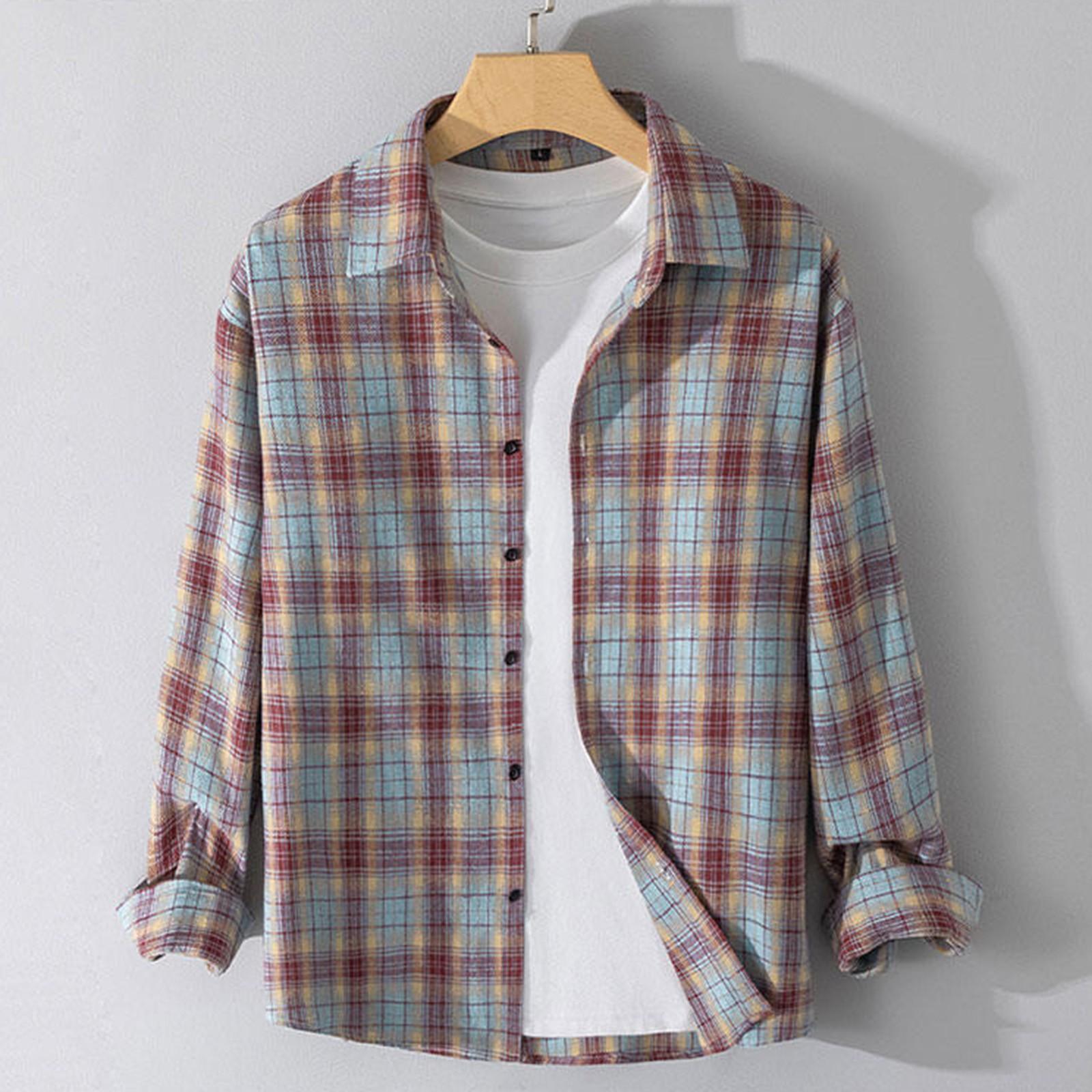 

Мужская осенняя повседневная свободная клетчатая рубашка с длинным рукавом на пуговицах M синий