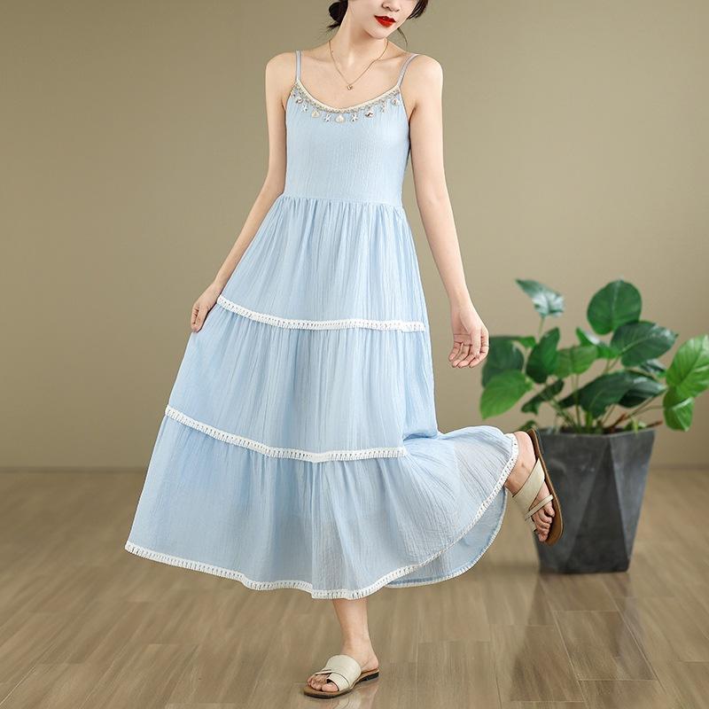 

2025 лето новое красивое платье на подтяжках с легким ветром сзади женское свежее модное темпераментное платье средней и длинной длины average size светло-синий