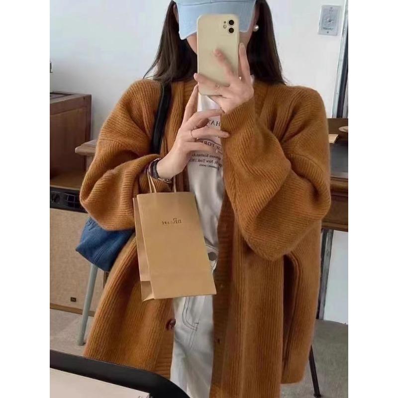 Autumn and winter V-neck loose soft waxy solid color knitted cardigan sweater casual versatile lazy style design women's coat