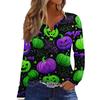 Women's Casual Long Sleeve V-Neck Halloween Print T-Shirt with Decorative Buttons