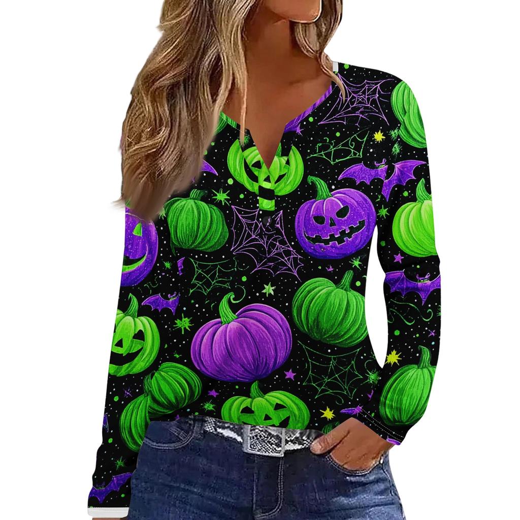 Women's Casual Long Sleeve V-Neck Halloween Print T-Shirt with Decorative Buttons