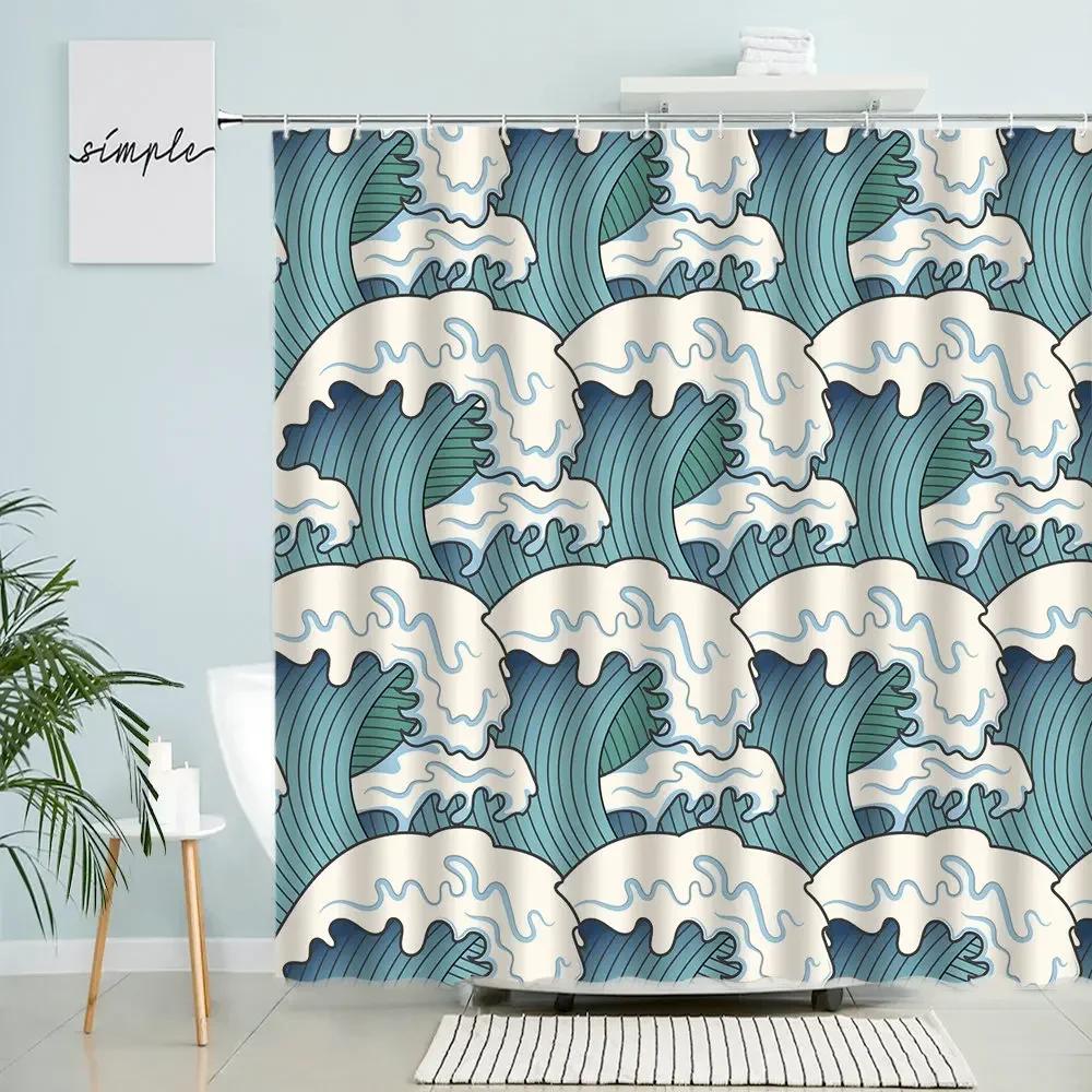 Cartoon Ocean Wave Shower Curtain Mediterranean Sea Navigation Abstract Creative Theme Kid Bathroom Waterproof Screen Home Decor