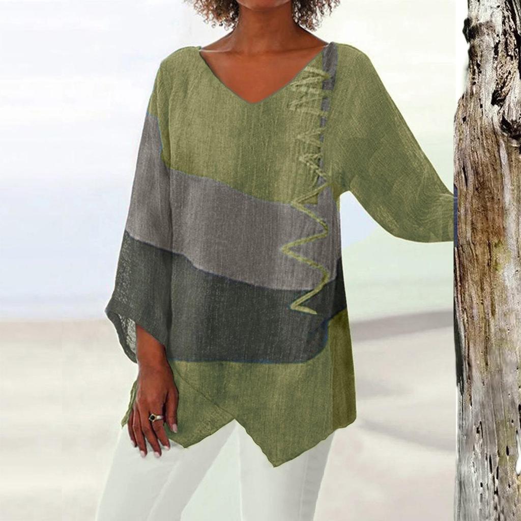 Top Retro Autunnale con Scollo a V e Stampa Artistica a Maniche Lunghe da Donna