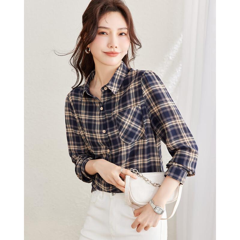 TERRE BLEUE Women s Retro Plaid Loose-Fit Commuter Blouse L