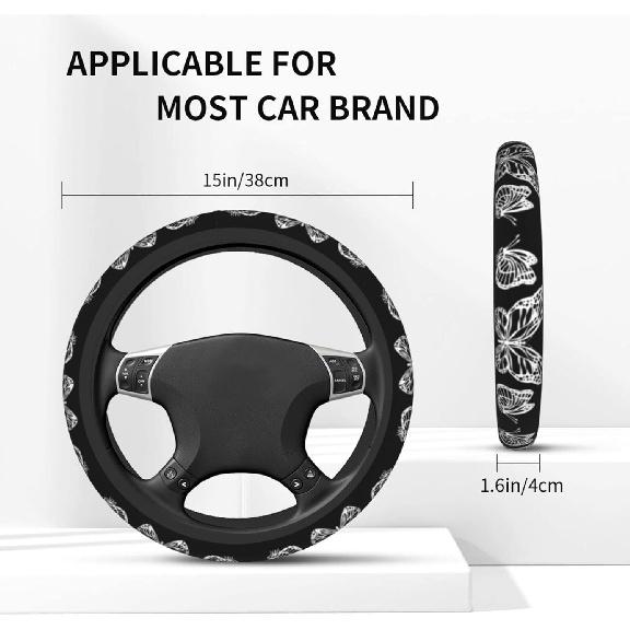 KiuLoam Butterfly Black Car Steering Wheel Cover, Universal Fit 15 Inch Steering Wheel Cover Protector for SUV Sedan Trucks for Women Men