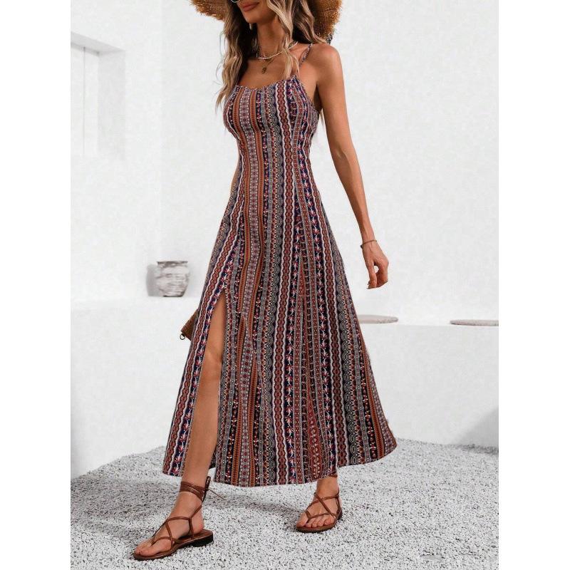 Bohemian Style Long Camisole Slit Design Dress Vacation Slim-Fit Split Cami Dress for Daily Shopping Gatherings & Street Looks