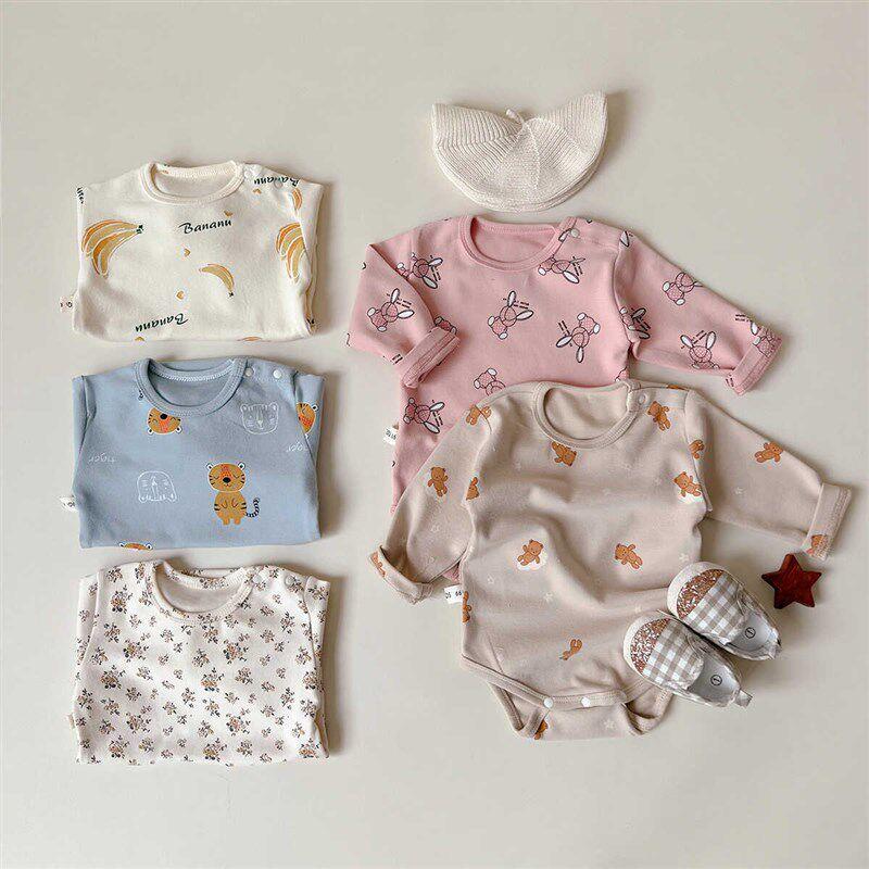 Baby Autumn Loungewear Onesie with Cute Cartoon Print, Long-Sleeve Romper for Boys and Girls