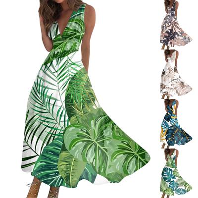Women's Summer Fashion Hawaiian Print V-Neck Sleeveless Tunic Casual Dresses