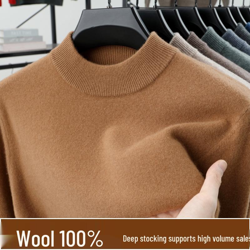 2024 Men's Pure Wool Half-High Neck Sweater, Autumn Winter Knitwear, High-End Casual Base Layer