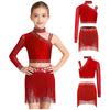 Top Cropped de Ombro Assimétrico para Meninas com Franjas de Strass Brilhantes Conjunto para Performance de Dança