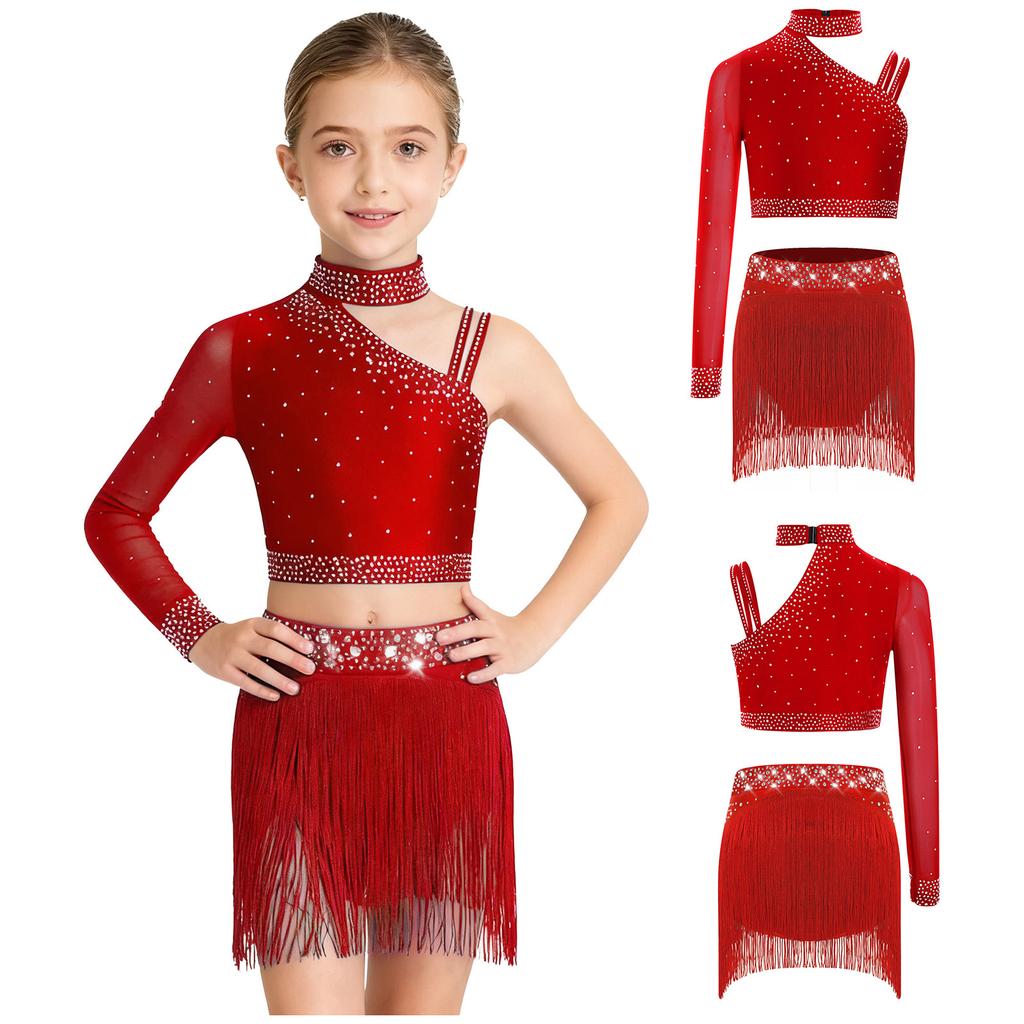 Top Cropped de Ombro Assimétrico para Meninas com Franjas de Strass Brilhantes Conjunto para Performance de Dança