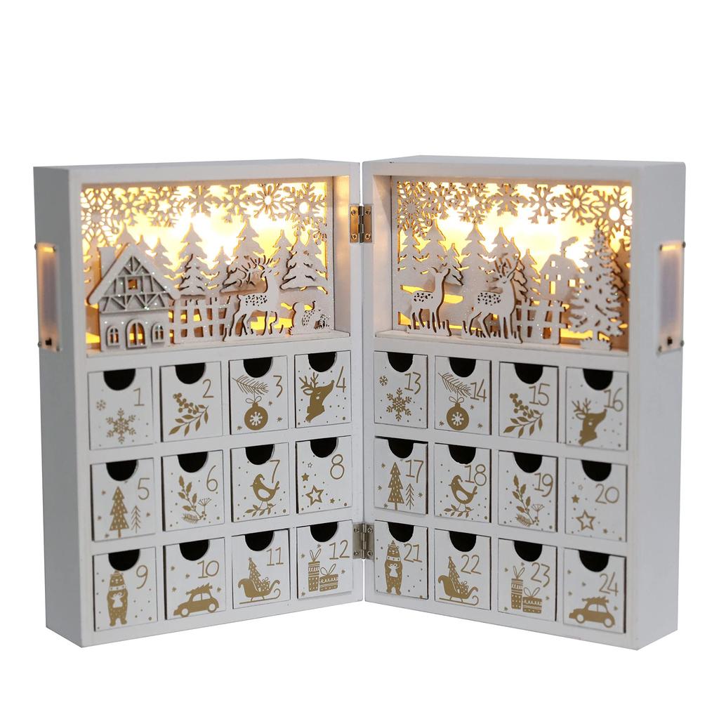 Wooden Christmas Advent Calendar with 24 Drawers and LED Reusable Christmas Countdown Candy Christmas Advent Scene for Kids and Chocolate Christmas