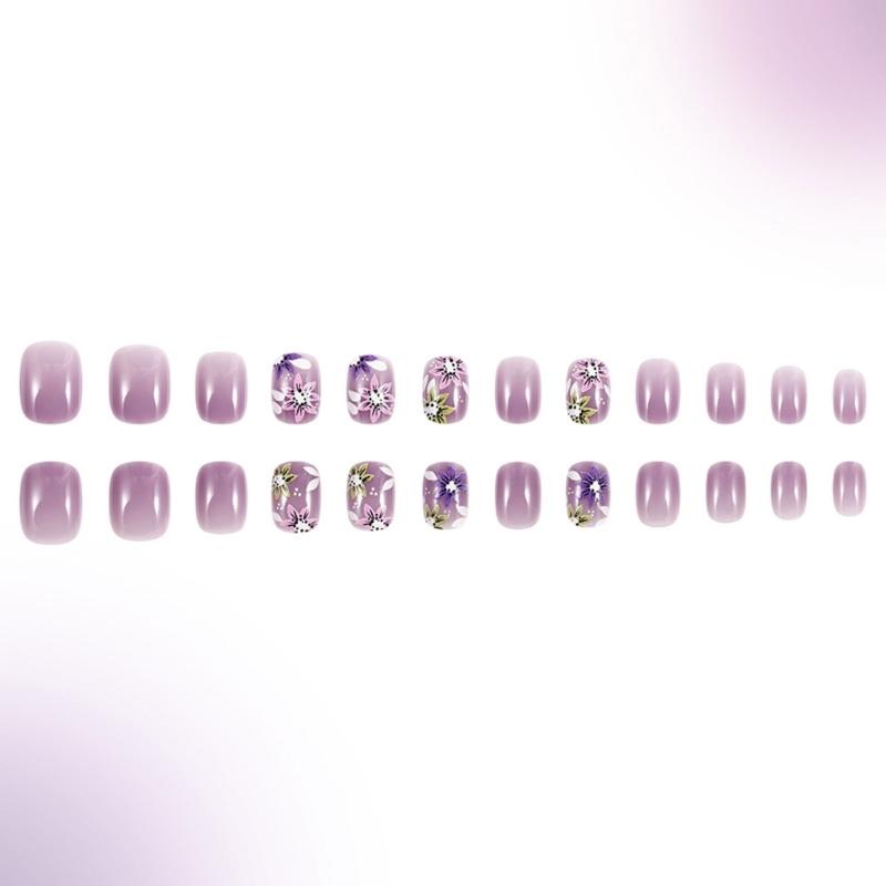 24 ks krátkých čtvercových umělých nehtů s fialovými květinovými vzory, nalepovací nehty, snadná aplikace pro manikúru