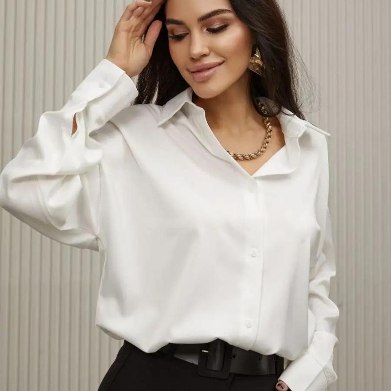 Frühlings- und Herbst Langarm Locker Damenhemden Einfache Mode Büro Damen Übergröße Damenblusen Lässige Oberteile Knopfleiste Revers Damenhemd 26016