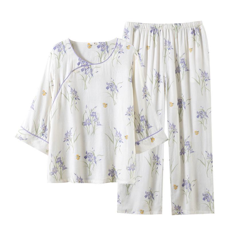 Damen-Bambus-Baumwoll-Pyjama - Neunärmeliges Set im chinesischen Stil für Frühling/Sommer