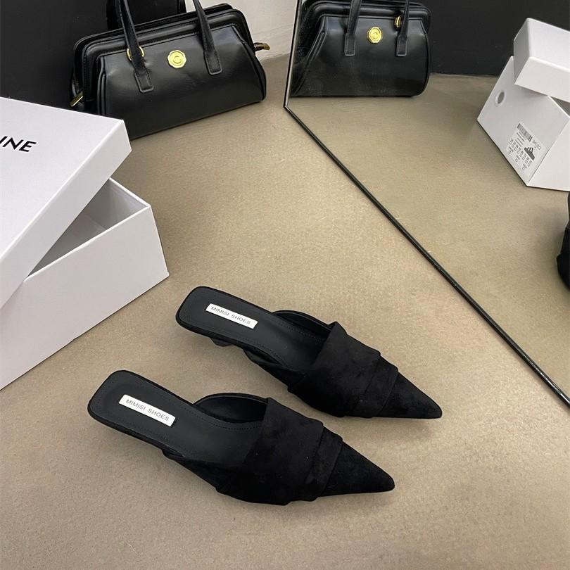 Inside and outside full leather muller shoes special-shaped heel pointed leopard print bag head slippers fashion medium heel half drag lazy drag